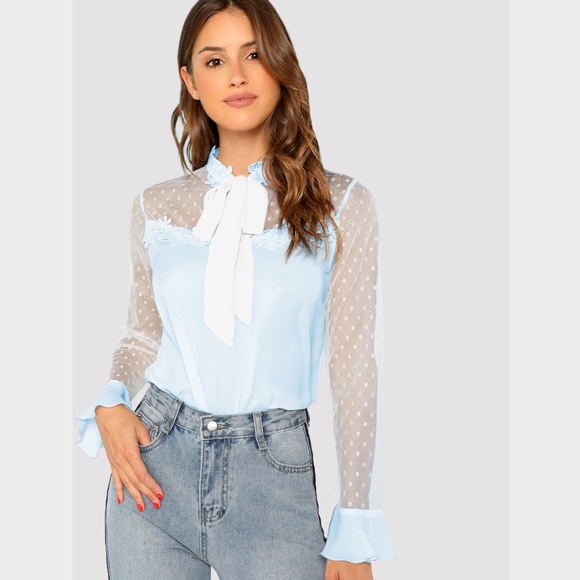 Tie Neck Dot Sheer Yoke Lace Applique Blouse - Picture 6 of 7